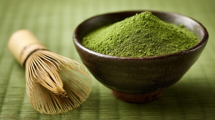 Fine emerald green matcha powder artfully arranged in a traditional bowl with bamboo whisk beside it, capturing the essence of Japanese tea culture.