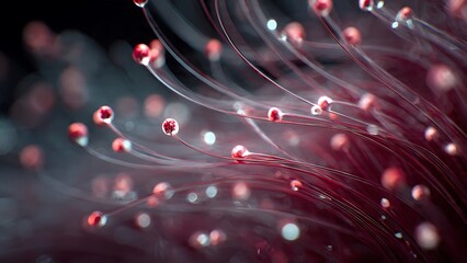 Vibrant microscopic view of glowing red fibers and bokeh lights, symbolizing innovation, data flow, and scientific discovery in a dynamic abstract scene.