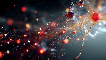 Dynamic abstract bokeh with glowing red particles and intricate neural network like structures, perfect for science and technology themes