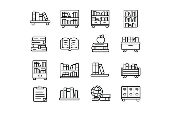 Collection of book and library icons on grey background