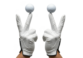 Two golf balls balanced on fingers isolated on transparent background