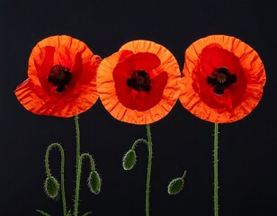 Vibrant backlit red poppies against a deep black background