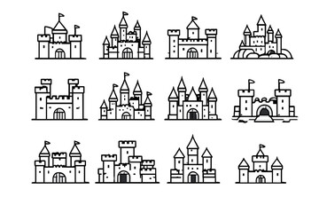Collection of twelve white line art castles on a dark gradient background © icon_art