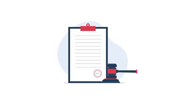 4k Legal Document on Clipboard with Gavel. Court Decision Concept Animation Video