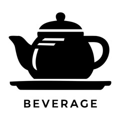 Obraz premium Minimalist black teapot silhouette on saucer with beverage text for cafe menu and kitchen signage