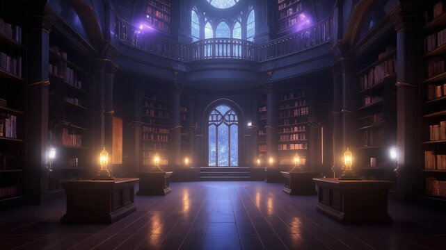 Mystical Grand Library Interior with Glowing Lamps and Ancient Books, a Magical Study Hall Illustration