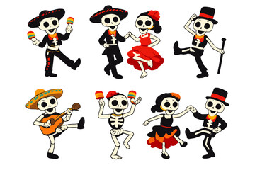 Naklejka premium Day of the Dead skeletons dancing and playing music