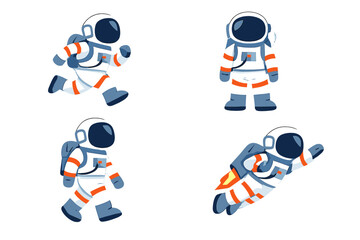 Four cartoon astronauts in different poses on a dark background © Andrei