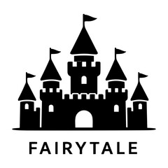 Minimalist black fairytale castle silhouette icon with towers and flags for fantasy storybook branding and design. © QuickDesign24