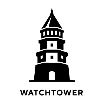 Minimalist black watchtower logo icon isolated on white background for security surveillance and protection business branding