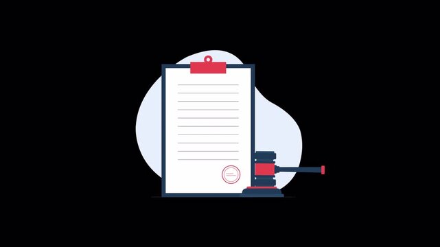 Legal Document on Clipboard with Gavel. Court Decision Concept Animation Video - Transparent
