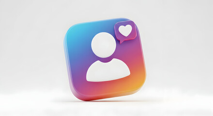 Title: 3D Favorite Profile Badge Icon — Gradient Rounded Square with Person Silhouette and Heart (Like, Follow)

