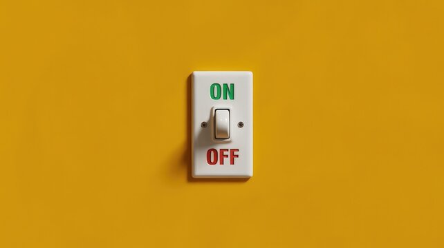 A crisp white electrical light switch displaying green ON and red OFF text positioned on a bright ye