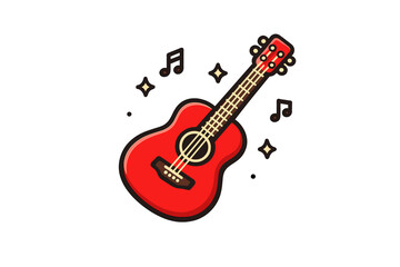 Red acoustic guitar with musical notes and sparkles
