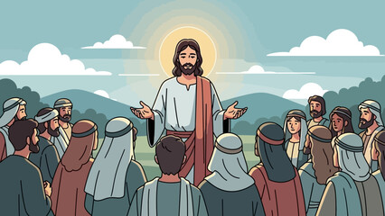 Jesus Christ preaching to a crowd in a serene landscape
