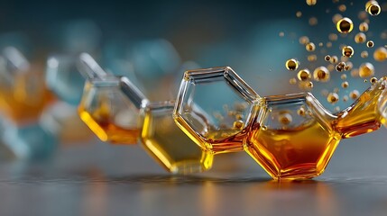 Abstract 3D hexagonal molecular structures filled with amber liquid and floating golden spheres. Perfect for biotech websites, luxury skincare blogs, and scientific research publications.