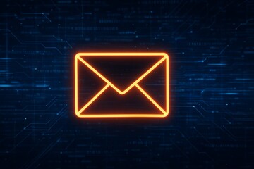 Glowing orange email icon symbolizing digital communication on a futuristic blue circuit board background, representing technology and cybersecurity concepts. Ai generative