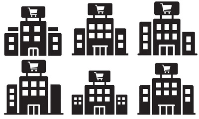 Fototapeta premium Black silhouette icons of a shopping center or supermarket building set