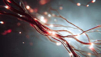 Vibrant neural network synapses firing with glowing connections, representing complex data flow and advanced technology.
