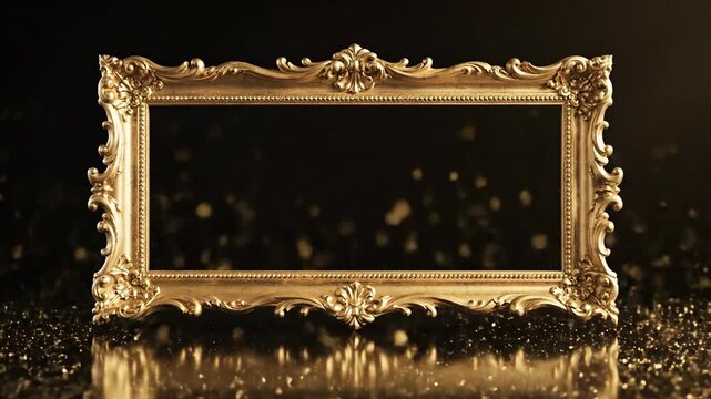 Golden ornate picture frame on a reflective surface with gold specks against a dark background.