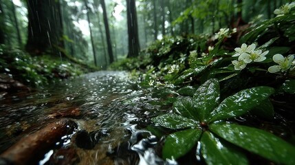 Rain falls over a forest stream, highlighting flowers and tall trees