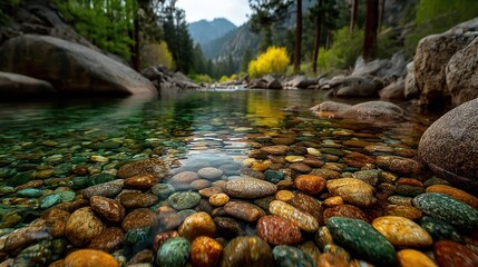 Clear river with colorful rocks flows through a lush forest valley