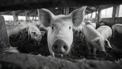 Curious piglet faces the camera with wide ears and soulful eyes, surrounded by its herd in a rustic barn, evoking a sense of farm life and natural wonder.