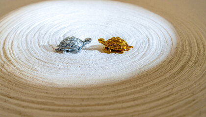 金と銀の亀が並ぶ縁起の和風庭園の風景　generative ai