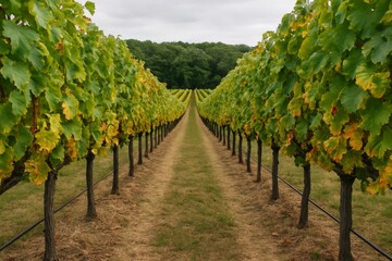 Naklejka premium Rows of green grapevines in vineyard stretching into distance under cloudy sky on rural farmland background, concept of agriculture and cultivation. Ai generative