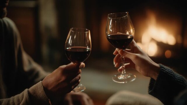 Warm cozy evening with wine glasses clinking near crackling fireplace