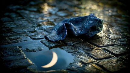 Minimalist emotive texture background: micro-world of wet stone and fabric, soft light defines surface, ample negative space for text overlay