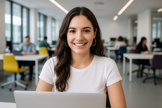 Smiling young woman working on laptop in modern office setting with colleagues in background, representing productivity and positive work environment concept. Ai generative - Powered by Adobe