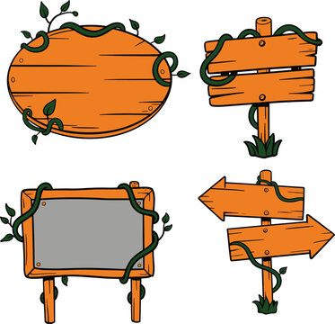 rustic wooden signboards and banners with green climbing vines, blank timber planks for messages, isolated flat vector garden nature illustrations.