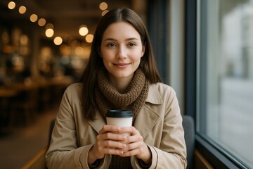 Woman in coat and scarf holding coffee cup while sitting by window in cozy cafe with warm bokeh lights in background, calm winter morning concept. Ai generative