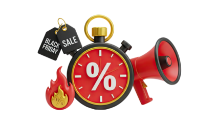 3D Black Friday Sale Countdown with Percentage Sign and Megaphone on transparent background