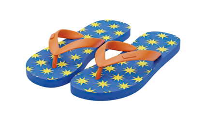 3D Blue Flip Flops with Orange Straps and Yellow Star Pattern on transparent background