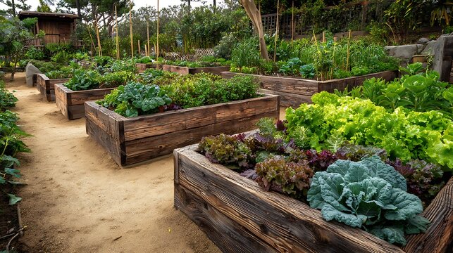 Organic vegetable garden with raised wooden beds, vibrant greens