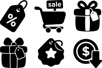 Conjunto de iconos de compras y ventas. Incluye etiquetas de descuento, carrito de compra, cajas de regalo y s&iacute;mbolos de oferta y reducci&oacute;n de precio. Estilo silueta en negro.