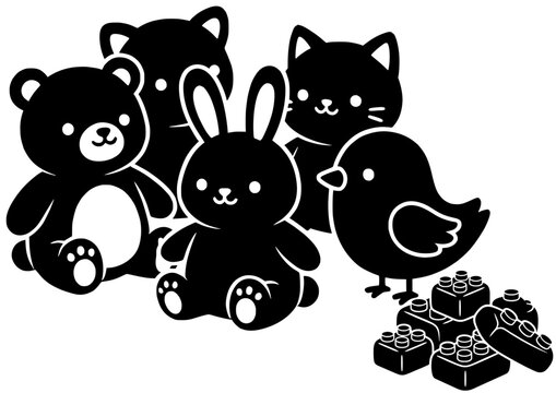 Conjunto de iconos de juguetes y animales de peluche. Siluetas de oso, conejo, gato, p&aacute;jaro y bloques de construcci&oacute;n estilo ladrillo. Ilustraci&oacute;n vectorial negra infantil.