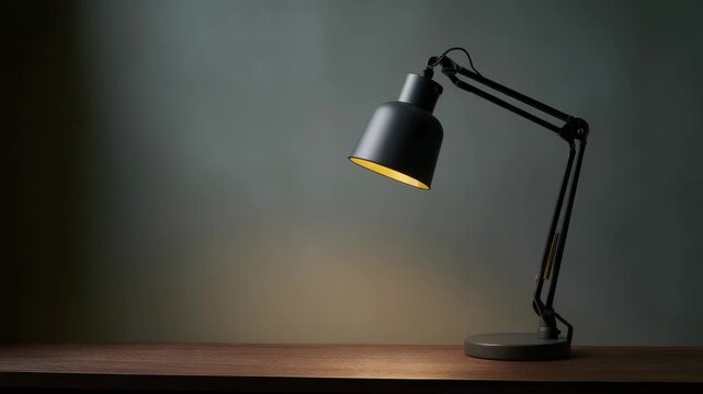Elegant black desk lamp with adjustable arm illuminating wooden surface in modern workspace