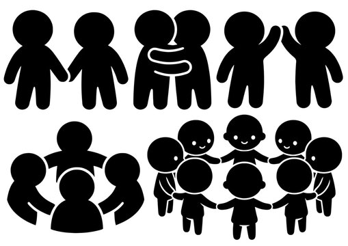 Conjunto de iconos de siluetas de personas interactuando. Incluye s&iacute;mbolos de amistad, abrazos, trabajo en equipo en c&iacute;rculo, gente tomada de la mano y saludo. Vector en negro.