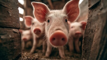 Curious piglets with pink snouts and large ears peer intently from a rustic wooden barn enclosure, showcasing farm life and innocence.