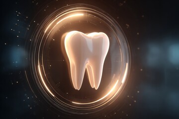 Abstract of a glowing human tooth surrounded by golden light rings on a dark background dental health and innovative stomatology concept