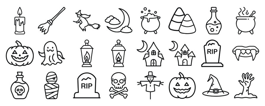 Spooky Halloween Icon Set With Pumpkins, Ghosts, Bats, and Haunted Objects for Festive Designs