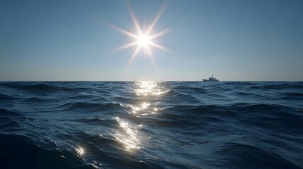 A lone ship sails on the vast blue ocean under a bright sunlit sky with light reflecting on the waves