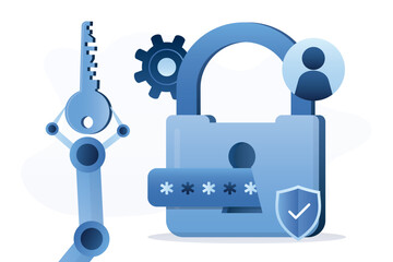 Security system and account protection. Robotic arm holding security key. Enter password and personal data protection with ai assistant. Internet security.