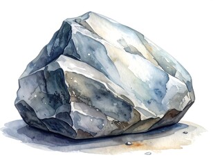 Watercolor depiction of a simple, angular rock on a white background