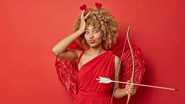 playful young woman dressed as cupid with red wings and bow making kissing face on red background celebrating valentines day romance and love with fun costume concept