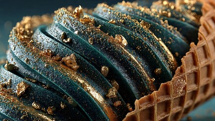 Luxurious teal ice cream swirl adorned with shimmering gold flakes and edible gold leaf in a crisp waffle cone, a decadent treat for indulgence.