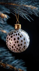 Polka Dot Christmas Ornament Hanging on Dark Pine Branch